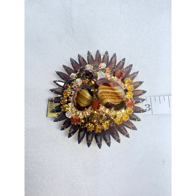 Brown 1960s Juliana D&E Sunburst Brooch & Matching Earrings • Chalk White/Topaz Book Set, 3 Pieces For Sale - Image 8 of 9