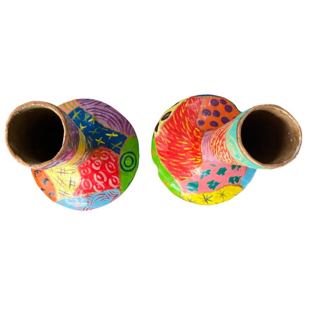 Pair of Vintage Hand-Painted Papier-Mâché Vases – Colorful Folk Art, Memphis Style Patchwork Forms For Sale In Jacksonville, FL - Image 6 of 7