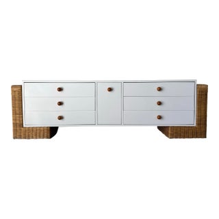 1980s Vintage Boho Chic Long Dresser / Sideboard With Rattan Base For Sale