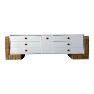 1980s Vintage Boho Chic Long Dresser / Sideboard With Rattan Base