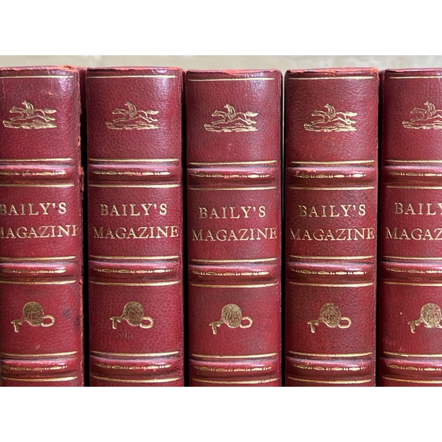 English Wonderful Collection 10 Volume Bailey's Magazine of Sports & Pastimes Antique Red Leather Spine Books English Country Equestrian Horse For Sale - Image 3 of 14