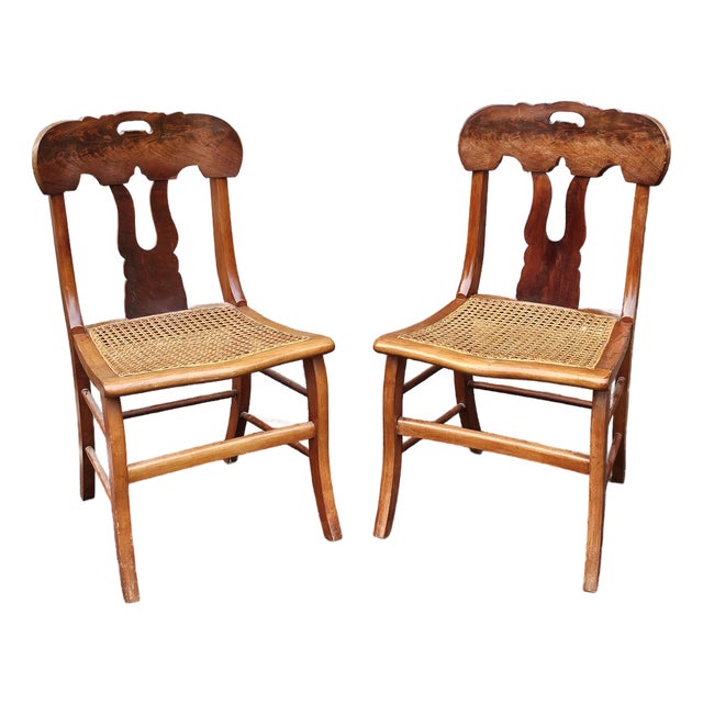 Early 20th Century Pair Federal Style Mahogany and Maple With Cane Seat Side Chairs For Sale