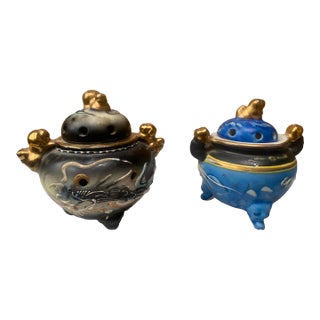 Late 20th Century Moriage Hand-Painted Porcelain Incense Holders- a Pair For Sale