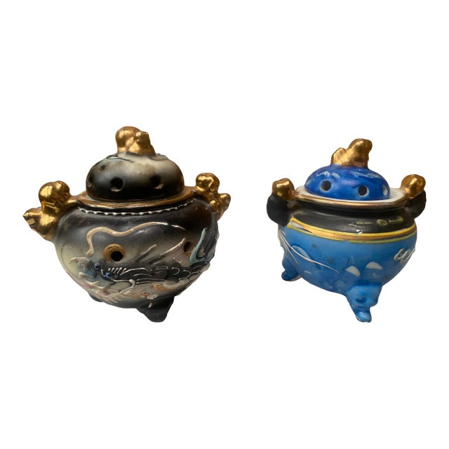 Late 20th Century Moriage Hand-Painted Porcelain Incense Holders- a Pair For Sale