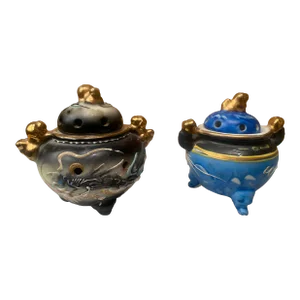 Late 20th Century Moriage Hand-Painted Porcelain Incense Holders- a Pair