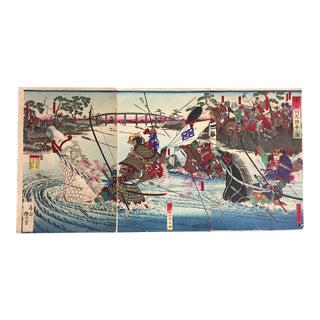 Late 19th Century Utagawa Toyonobu Triptych Battle at Uji River Genpei War Antique Meiji Woodblock For Sale