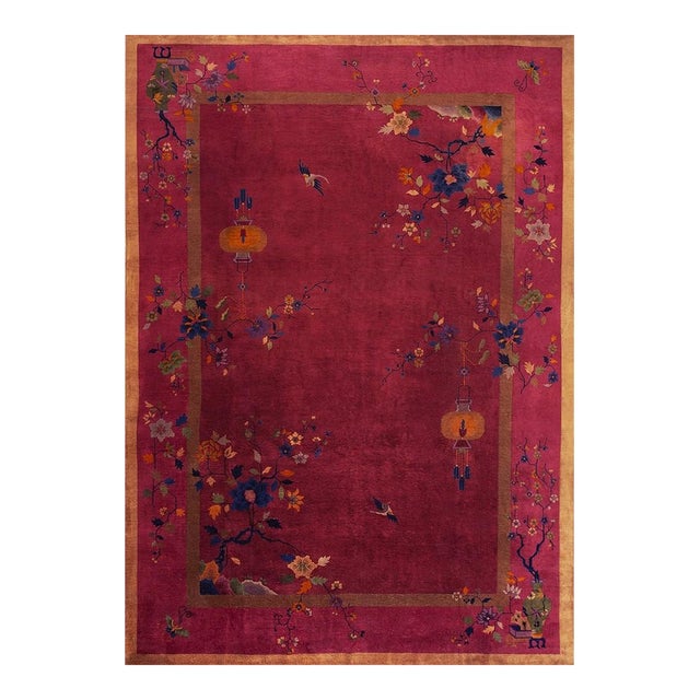 1920s Antique Art Deco Room Size Wool Floral Chinoiserie Motifs 10' X 14' 2" Rug For Sale