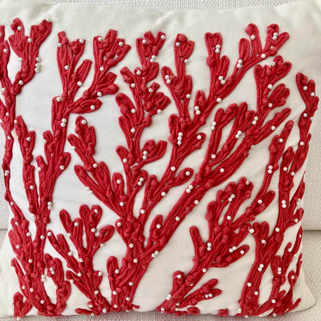Textile Coral Embroidered Pillow For Sale - Image 7 of 10