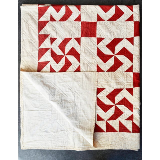 Off-white Early 20th C Red and White Pinwheel Style Pattern Hand-Stitched Cotton Quilt For Sale - Image 8 of 16