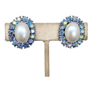 Vintage 1950s Signed Crown Trifari Oval Faux-Pearl and Aurora Borealis Clip Earrings-2 Pieces For Sale