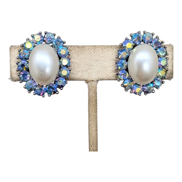 Vintage 1950s Signed Crown Trifari Oval Faux-Pearl and Aurora Borealis Clip Earrings-2 Pieces For Sale