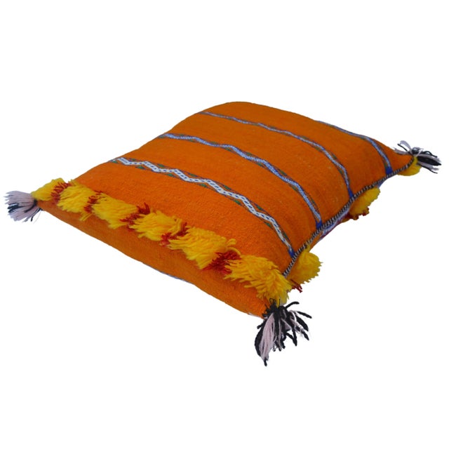 Vintage Moroccan Orange & Blue Stripes Wool Pillow For Sale - Image 10 of 10