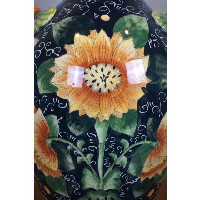 Late 20th Century Italian Style Porcelain Sunflower Vase Urn Jug Pitcher With Branch Handles For Sale - Image 10 of 12