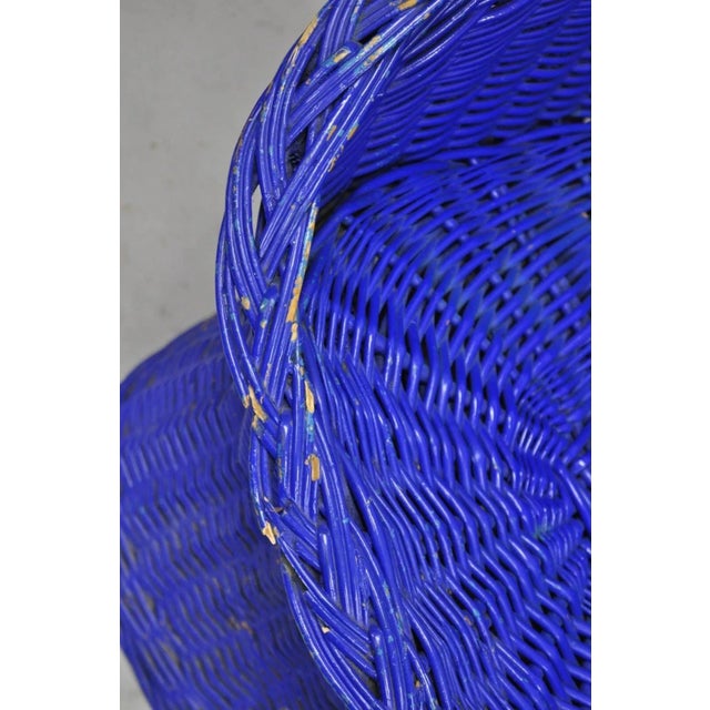 Blue Vintage Mid Century Modern Blue Painted Wicker Rattan Pod Club Chairs - A Pair For Sale - Image 8 of 12