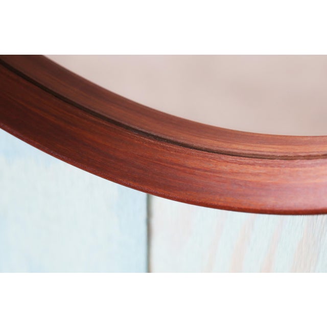 1950s Danish Mid Century Modern Round Solid Teak Mirror With Leather Strap 31" For Sale - Image 6 of 7