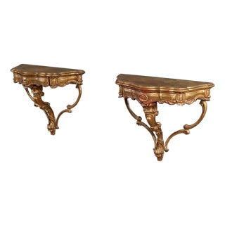 Italian Drop-Shaped Gilded Wood Wall Console Tables, Set of 2 For Sale