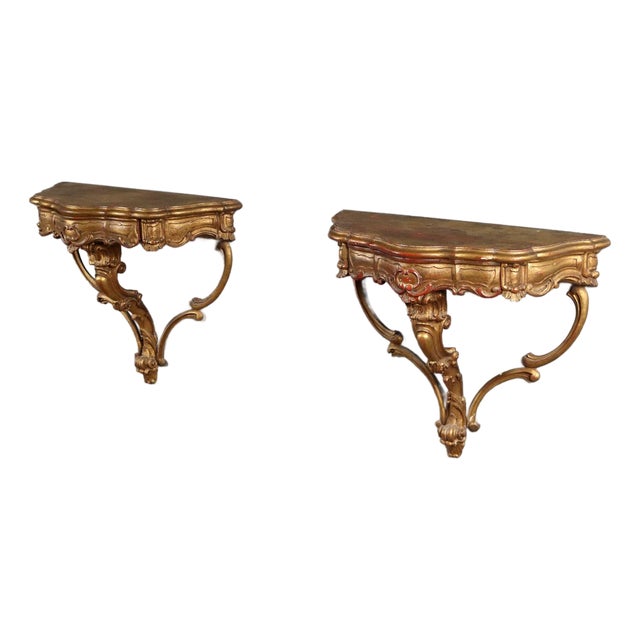 Italian Drop-Shaped Gilded Wood Wall Console Tables, Set of 2 For Sale