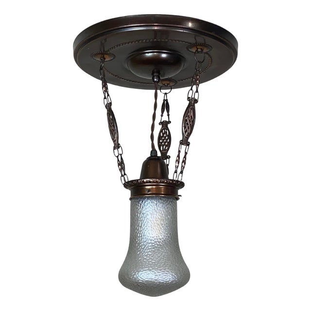 Art Nouveau Brass Chandelier with Iridescent Martelé Glass from Loetz, 1910s For Sale