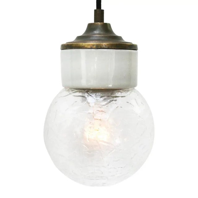 Mid-Century Modern Vintage Industrial Brass Pendant Light in White Porcelain and Clear Glass For Sale - Image 3 of 8