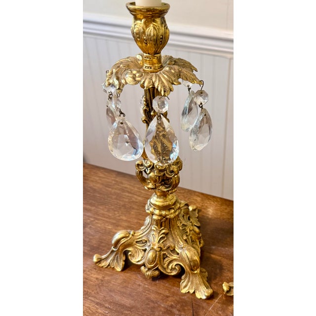 Ornate Gold Candle Holders With Crystal Prisms For Sale - Image 6 of 12