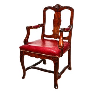 Beautiful English Antique Carved Wood Walnut Desk Arm Chair Leather Seat For Sale