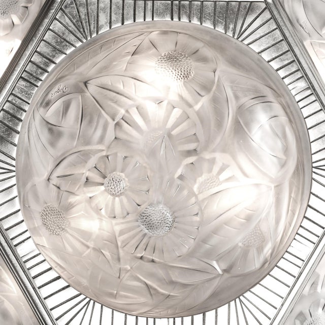 Pair of Art Deco Hexagonal Frosted Glass & Nickeled Bronze Chandeliers by Degue For Sale - Image 18 of 18