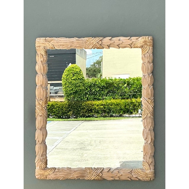 Almond Vintage Carved Wood Leaf Frame Mirror For Sale - Image 8 of 12