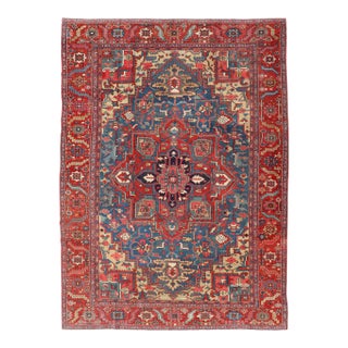 Antique Persian Heriz Serapi Rug With Blue Field Geometric Medallion Design For Sale