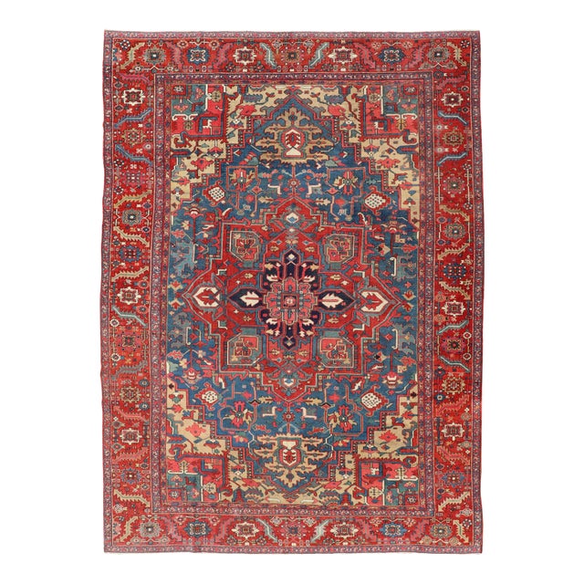 Antique Persian Heriz Serapi Rug With Blue Field Geometric Medallion Design For Sale
