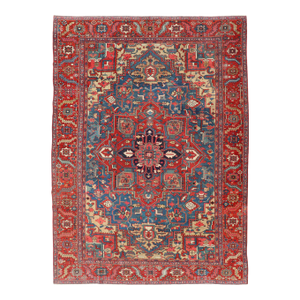 Antique Persian Heriz Serapi Rug With Blue Field Geometric Medallion Design
