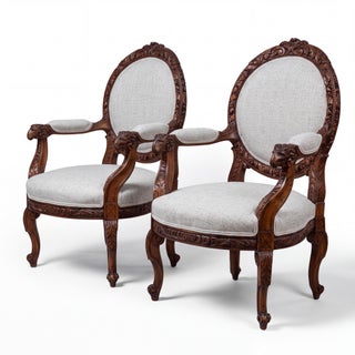 19th-C. French Neo-Classical Carved Walnut Bergere Chairs With Rams - Pair For Sale