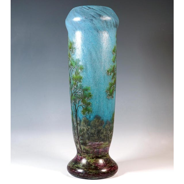 Particularly large baluster vase on a slightly offset base, colourless glass with flaky sky blue powder melting, green...