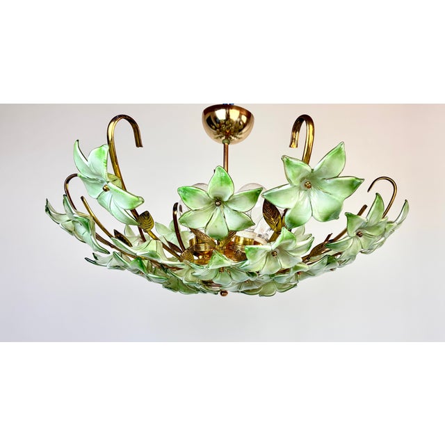 1970s Vintage Murano Style Hand-Painted Green Glass Floral Flush Mount Chandelier⁠ For Sale - Image 10 of 18