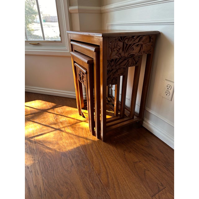 Asian Carved Nesting Side Tables Set of 4 1960s For Sale - Image 9 of 12