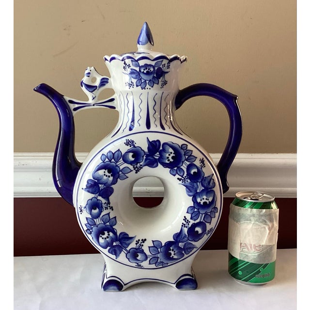 Vintage Gzhel Porcelain Donut Teapot – Blue & White – 14½” Tall For Sale - Image 4 of 11