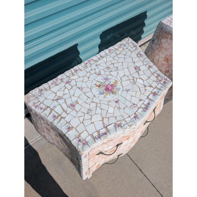 Wood Pair of Vintage Hollywood Regency Mosaic Nightstands For Sale - Image 7 of 13