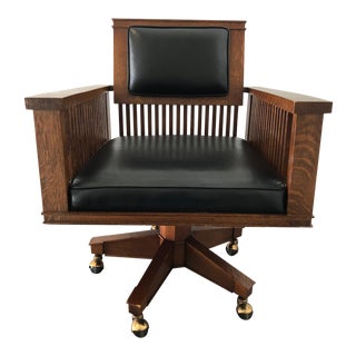 Mission Style Oak & Leather Desk Chair For Sale