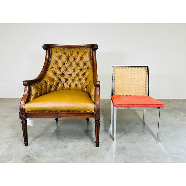 Louis XVI Style Tufted Golden Cognac Leather Lounge Chair by Old Hickory Tannery For Sale - Image 9 of 12