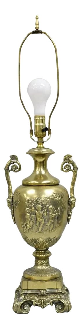 Vintage French Louis XV Renaissance Brass Figural Dancing Cherubs Urn Table Lamp