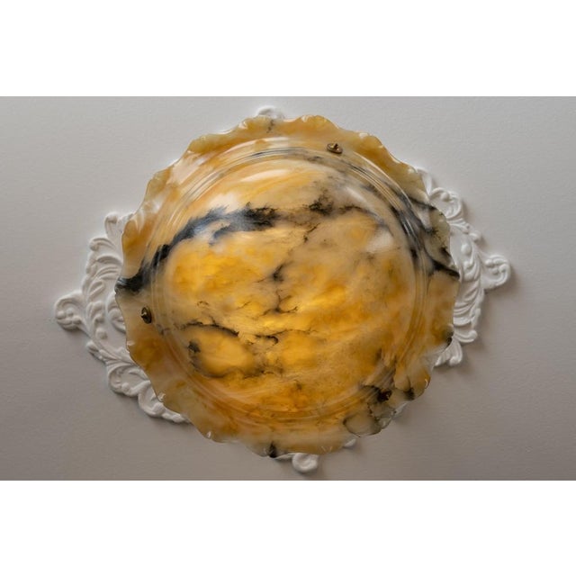 French Art Deco Yellow Alabaster Pendant with Dark Veining & Brass, 1920s For Sale - Image 6 of 18