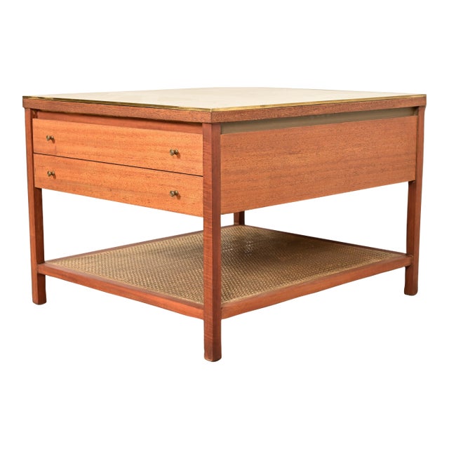 Paul McCobb Irwin Collection Mahogany, Brass, and Cane Leather Top Side Table or Nightstand, 1950s For Sale