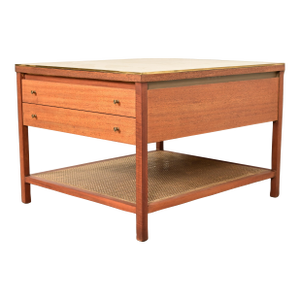 Paul McCobb Irwin Collection Mahogany, Brass, and Cane Leather Top Side Table or Nightstand, 1950s