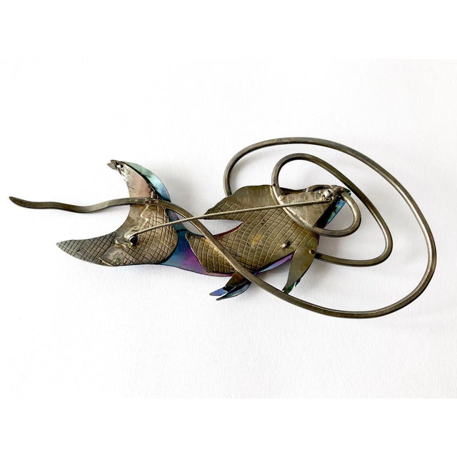 Enid Kaplan Sterling Silver Anodized Niobium Mylar Diving Fish Brooch For Sale - Image 4 of 6