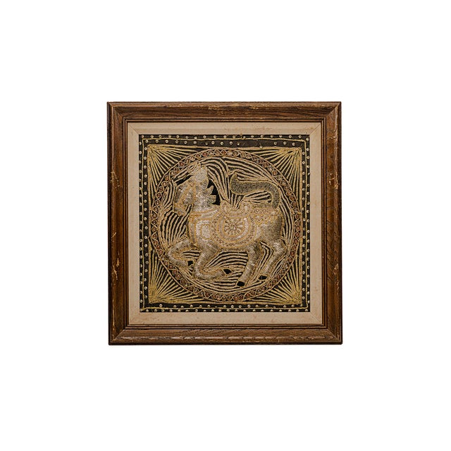 Brown Vintage Mid-Century Burmese Kalaga Tapestries Featuring Embroidered Horse Motifs For Sale - Image 8 of 12