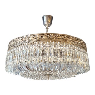 Antique Restored Baroque Crystal Plafonnier Brass Ceiling Chandelier For Sale