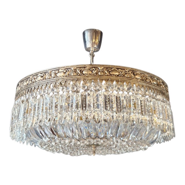 Antique Restored Baroque Crystal Plafonnier Brass Ceiling Chandelier For Sale