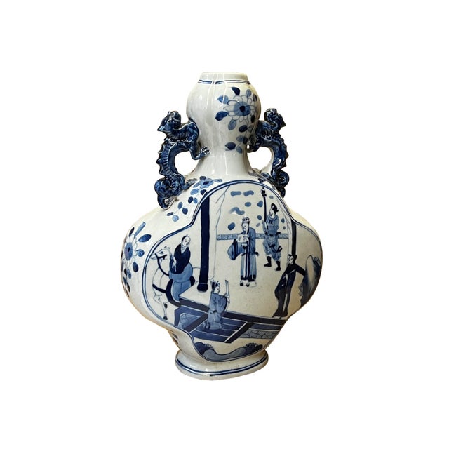 Chinese Blue White Porcelain People Theme Flower Shape Vase For Sale - Image 4 of 7