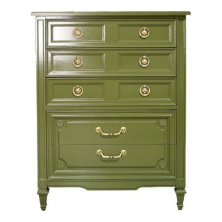 Mid Century Transitional Highboy Dresser in Olive Green by Huntley Thomasville - Newly Painted For Sale