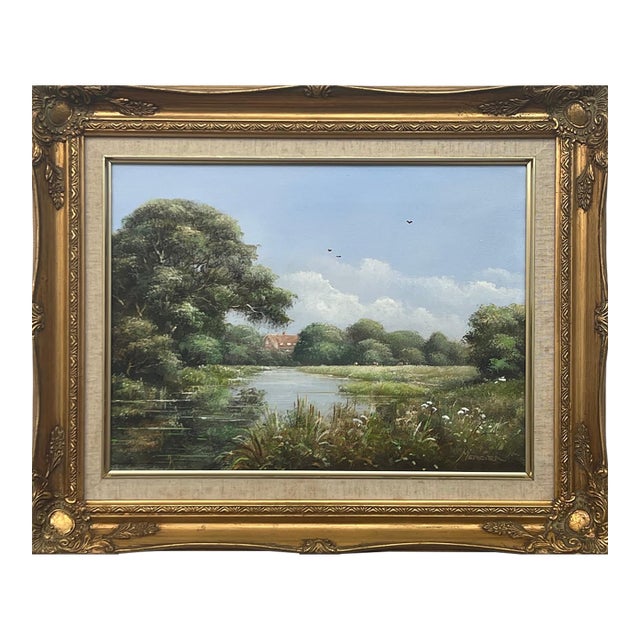 River Meadow with Cattle & Cottage in the English Countryside by British Artist 1985 Circa For Sale