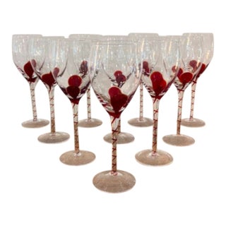 Vintage Clear Art Glass Wine Goblets With Red Swirl Stems - Set of 10 For Sale